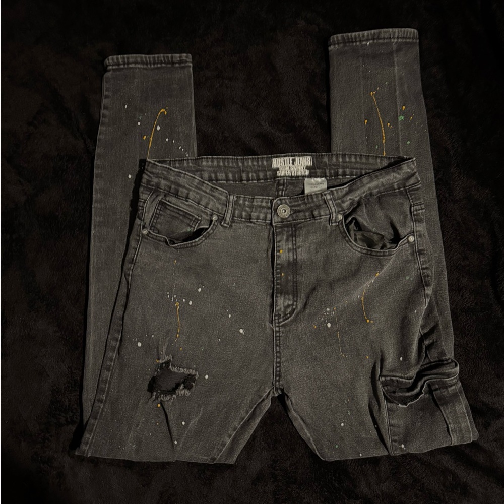 Distressed Gray Jeans with Paint Splatter